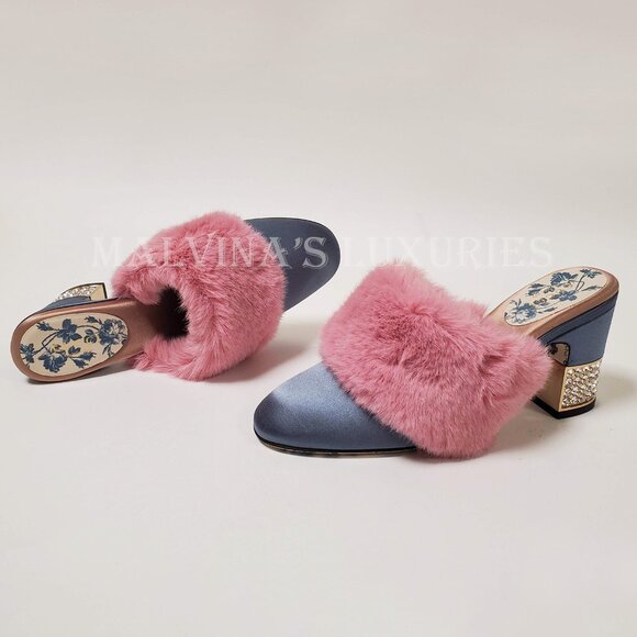 GUCCI SHOES CANDY SATIN AND FAUX FUR MULES CRYSTAL HEEL sz IT 35.5 US 5.5 - Picture 5 of 16